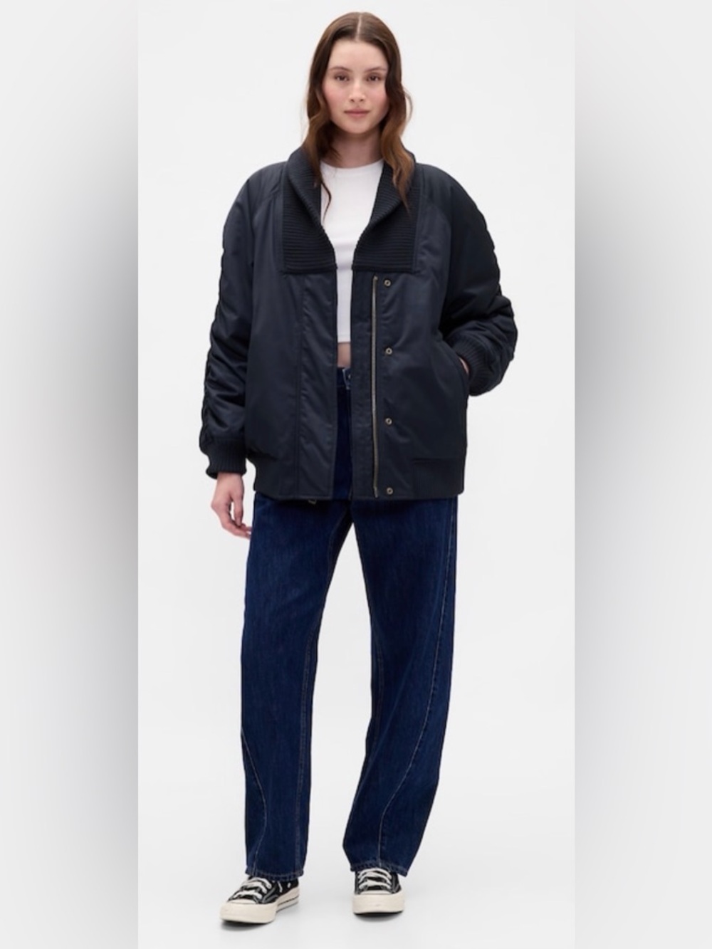 GAP Oversized Knit-Trim Bomber Jacket - Navy - Picture 2 of 7